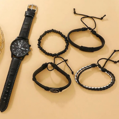 Kit Elegancia Noir - Reloj de Cuarzo Negro + 4 Pulseras de Cuero Distintas I Estilo en 5 Dimensiones