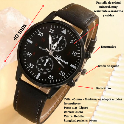 Kit Elegancia Noir - Reloj de Cuarzo Negro + 4 Pulseras de Cuero Distintas I Estilo en 5 Dimensiones